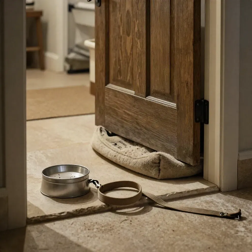 Dog chews, water bowl, leash and wool bed by a mudroom door after a walk.