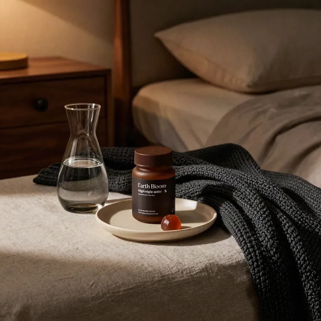 Night gummies jar on a bedside chest beside a chew, throw and carafe under dim lamp light.