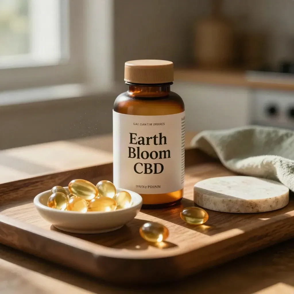 Soft gels bottle and capsules on a sunlit wooden tray beside a pale stone coaster