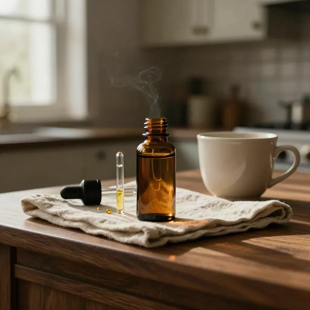 CBD oil bottle with pipettes, linen napkin and ceramic cup on a pantry shelf in warm morning light