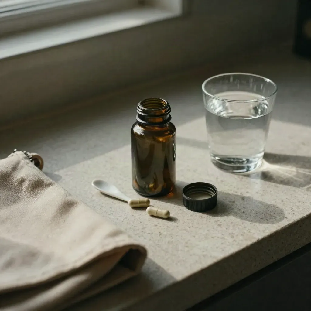 Overhead CBD capsule bottle, spoon, water glass and travel pouch on a stone counter in morning light