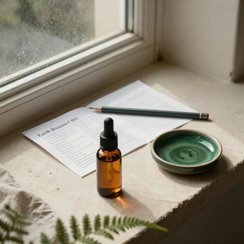 Amber CBD dropper, folded dosing guide, pencil and ceramic dish on a stone windowsill.