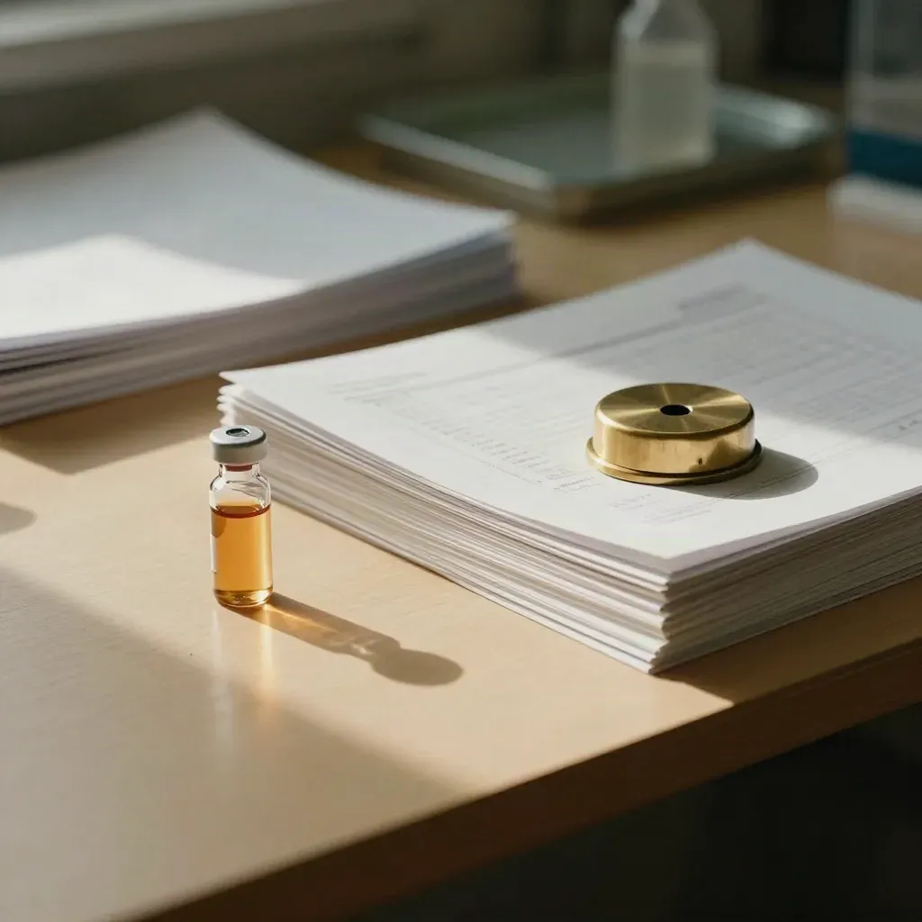 Edge-on lab pages, CBD sample vial, and brass paperweight on a pale wood desk in warm sunlight