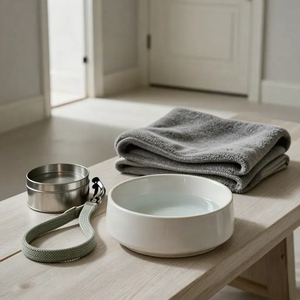 Pet bowl, chew tin, leash loop, and wool blanket on a mudroom bench